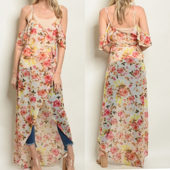 Dresses & Skirts - SALE ♡Floral Cold Shoulders Maxi Duster Dress cover up sheer boho fairy flowers